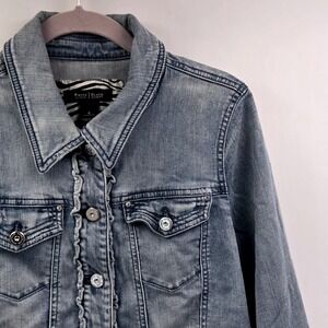 WHBM Distressed Denim Jacket Light Wash Ruffle Button Front Size 8 Cropped Boho